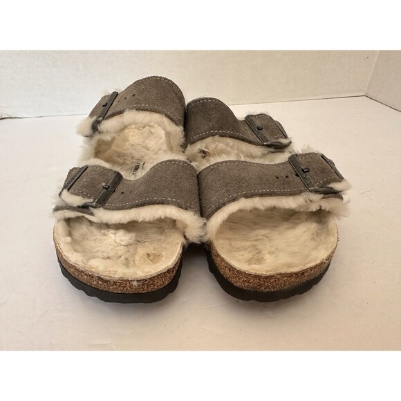 Birkenstock Shearling Sandals 39 Suede Leather Stone